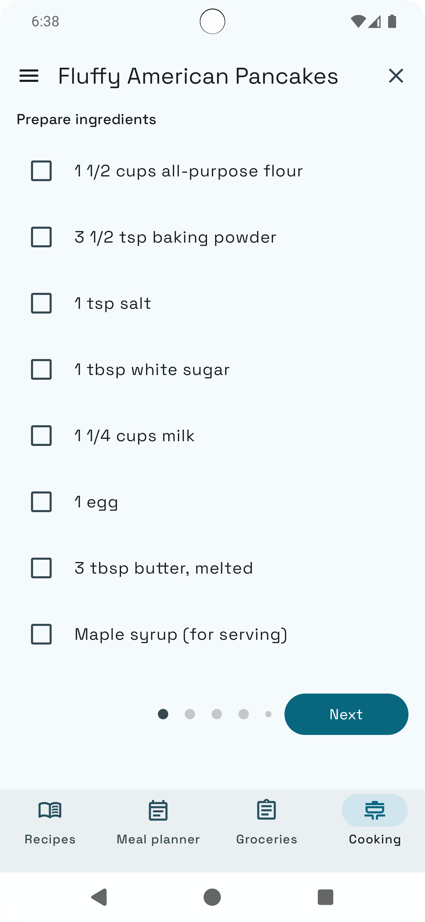 Step-by-step cooking mode with ingredient checklist