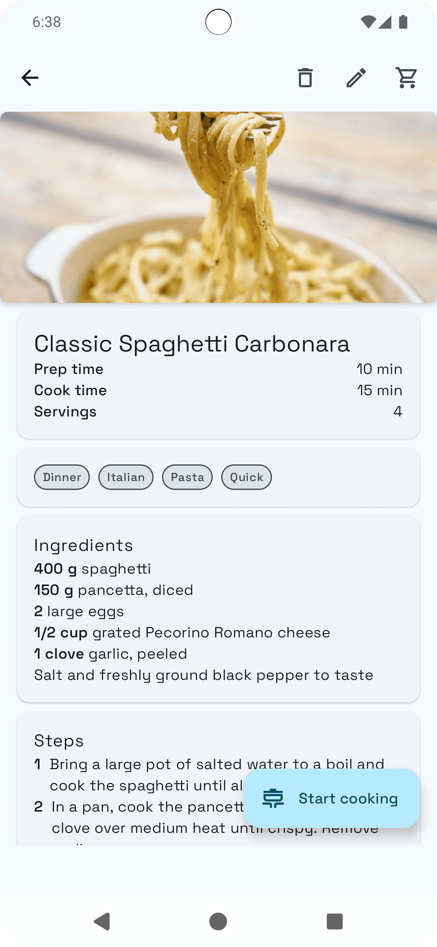 Recipe details screen showing ingredients and instructions