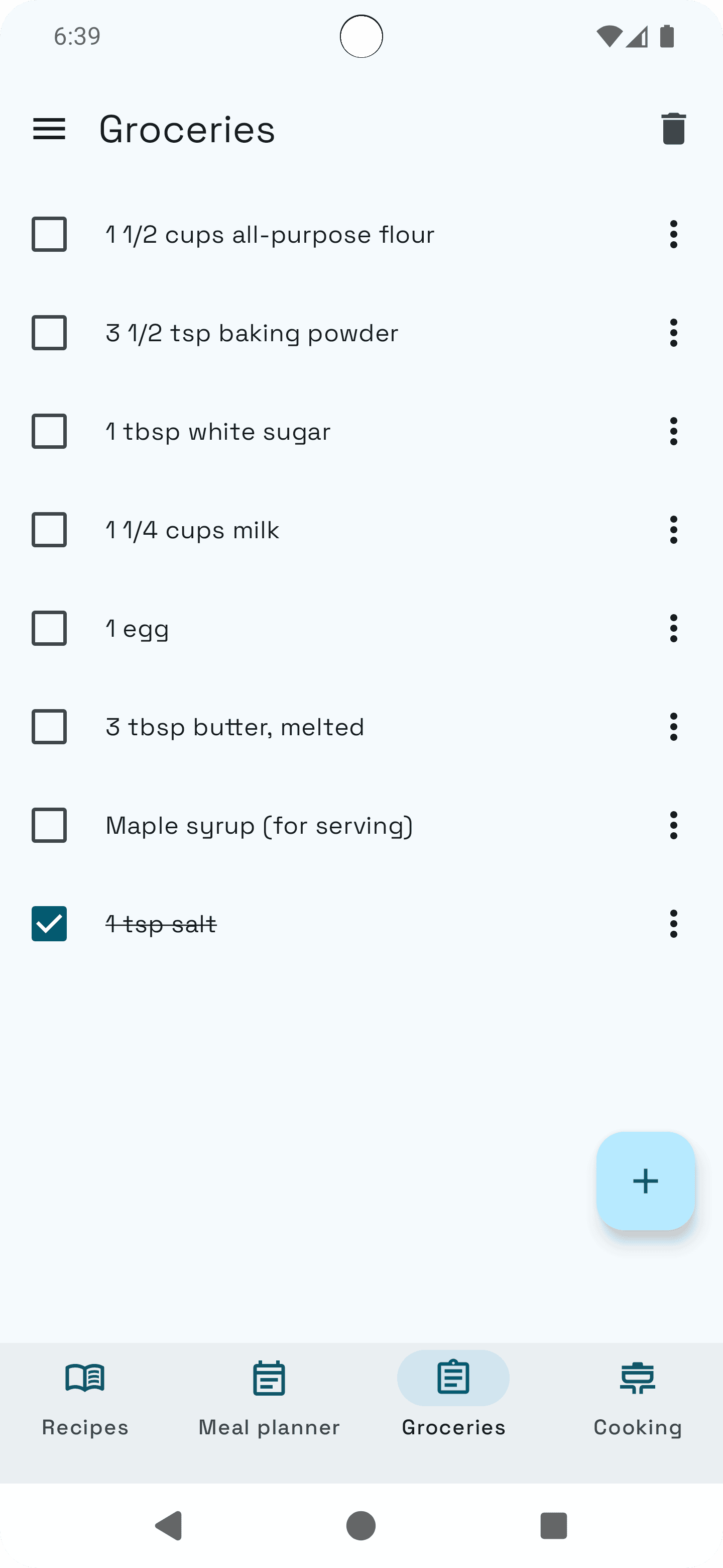 Shopping list with ingredients from recipes